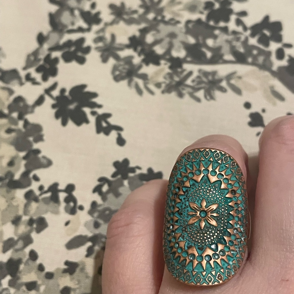 Intricate Teal and Gold Statement Ring
